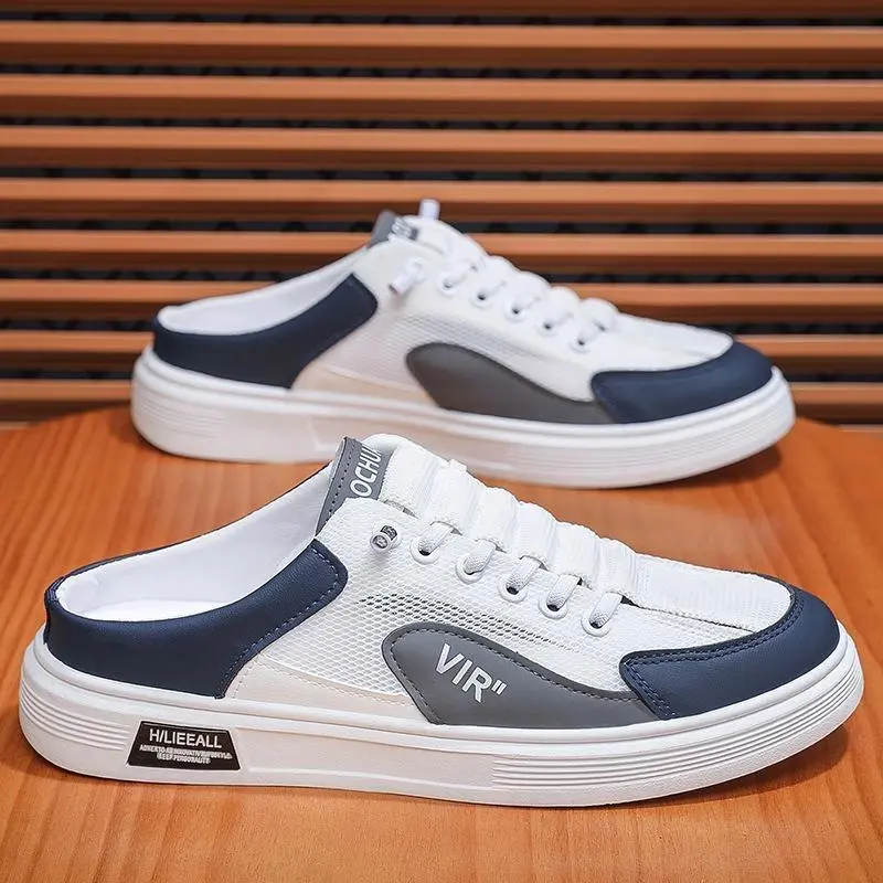 MENSHOE Sandal setengah musim panas yang bernapas dan menghilangkan bau, sepatu kain slip-on malas tanpa tumit, sepatu olahraga lubang tertutup bersol tebal