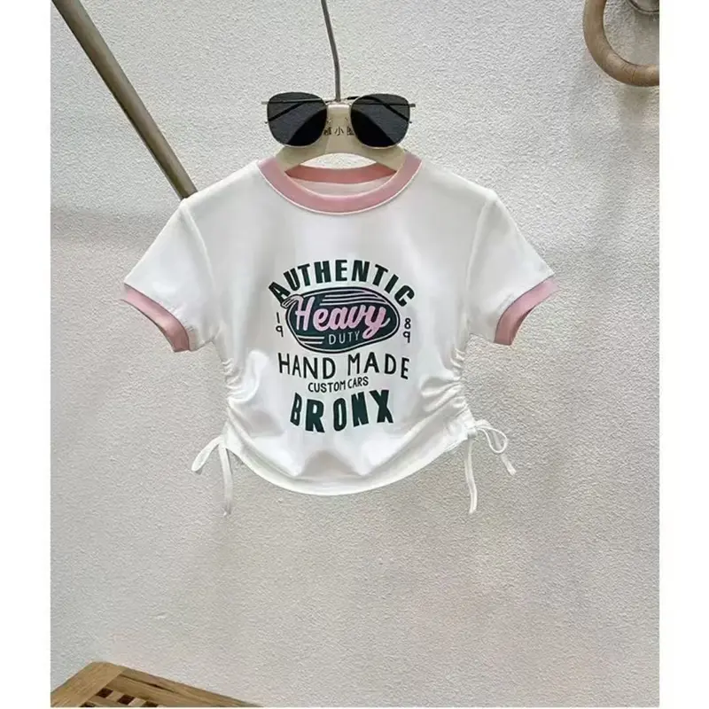 OOTD Korea Style Setelan Jeans Anak Perempuan Atasan Croptop Motif Lucu+Celana Jeans Panjang Sobek Kulot Baju Impor Anak Perempuan Setalan Anak Perempuan 2