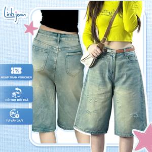 [SALE LƯƠNG VỀ – [JD02] - Quần Short Lửng Jean Nữ Lưng Cao Rách Cào – LINH JEAN STORE – Màu Xanh Bụi, Phá Cách, Cá Tính