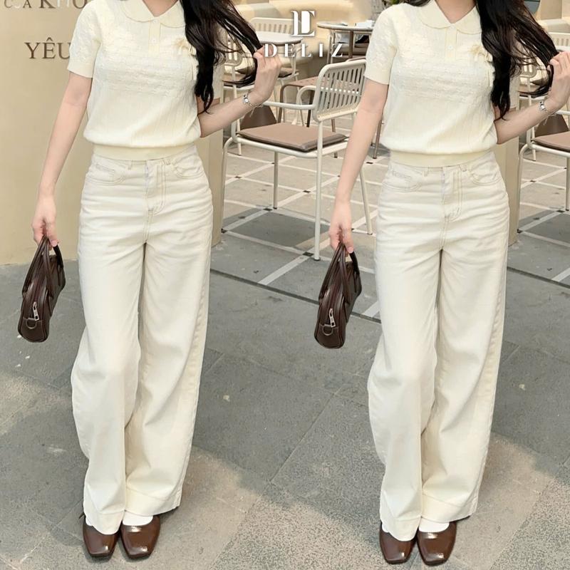  DELIZ - Quần Jean ống rộng cạp cao cho nữ form suông chất kaki dày dặn J411 