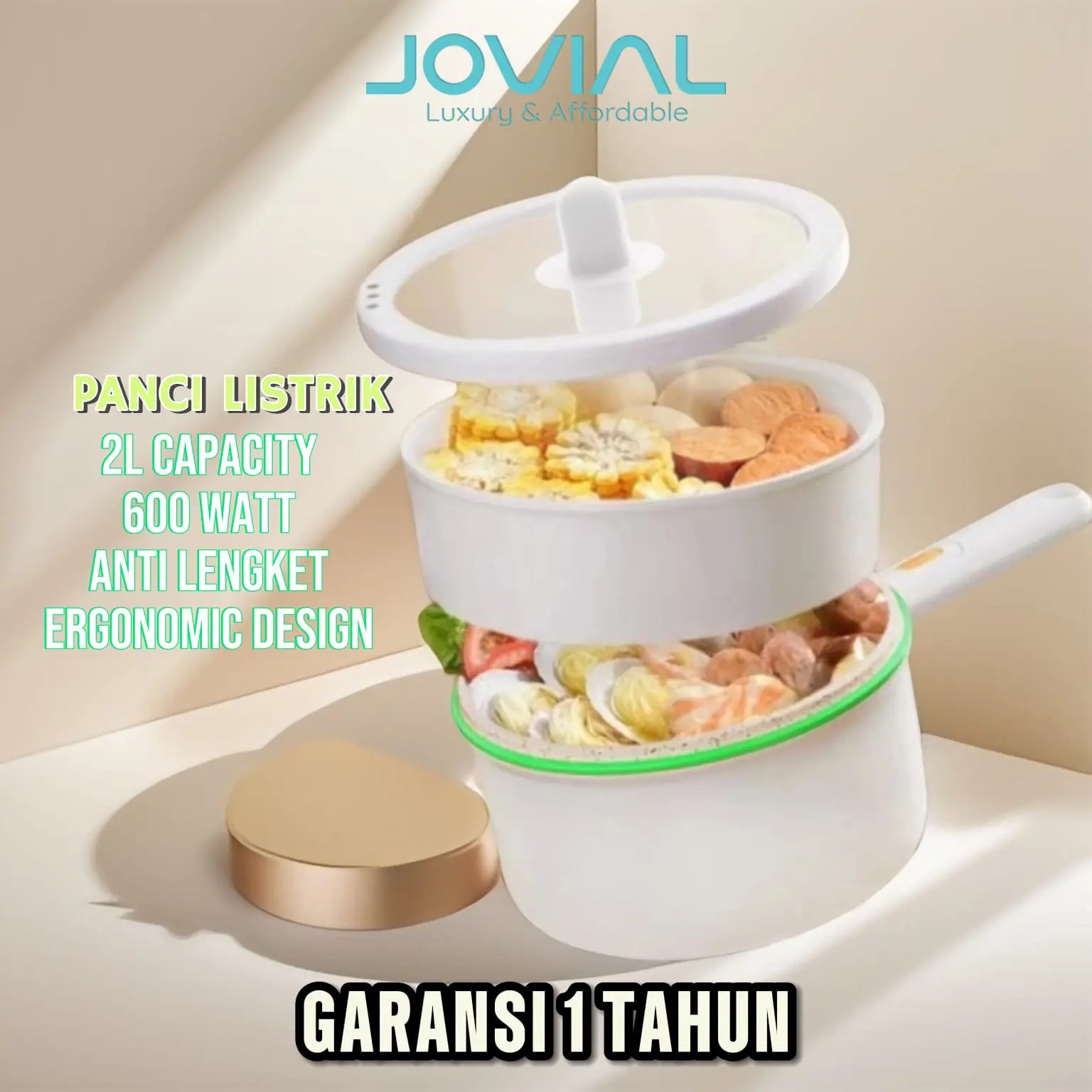 [SPECIAL] Jovial Panci Listrik Serbaguna 1.8L / Panci Elektrik Penggorengan Low Watt 600W Air Kabel Merah 12 bulan white