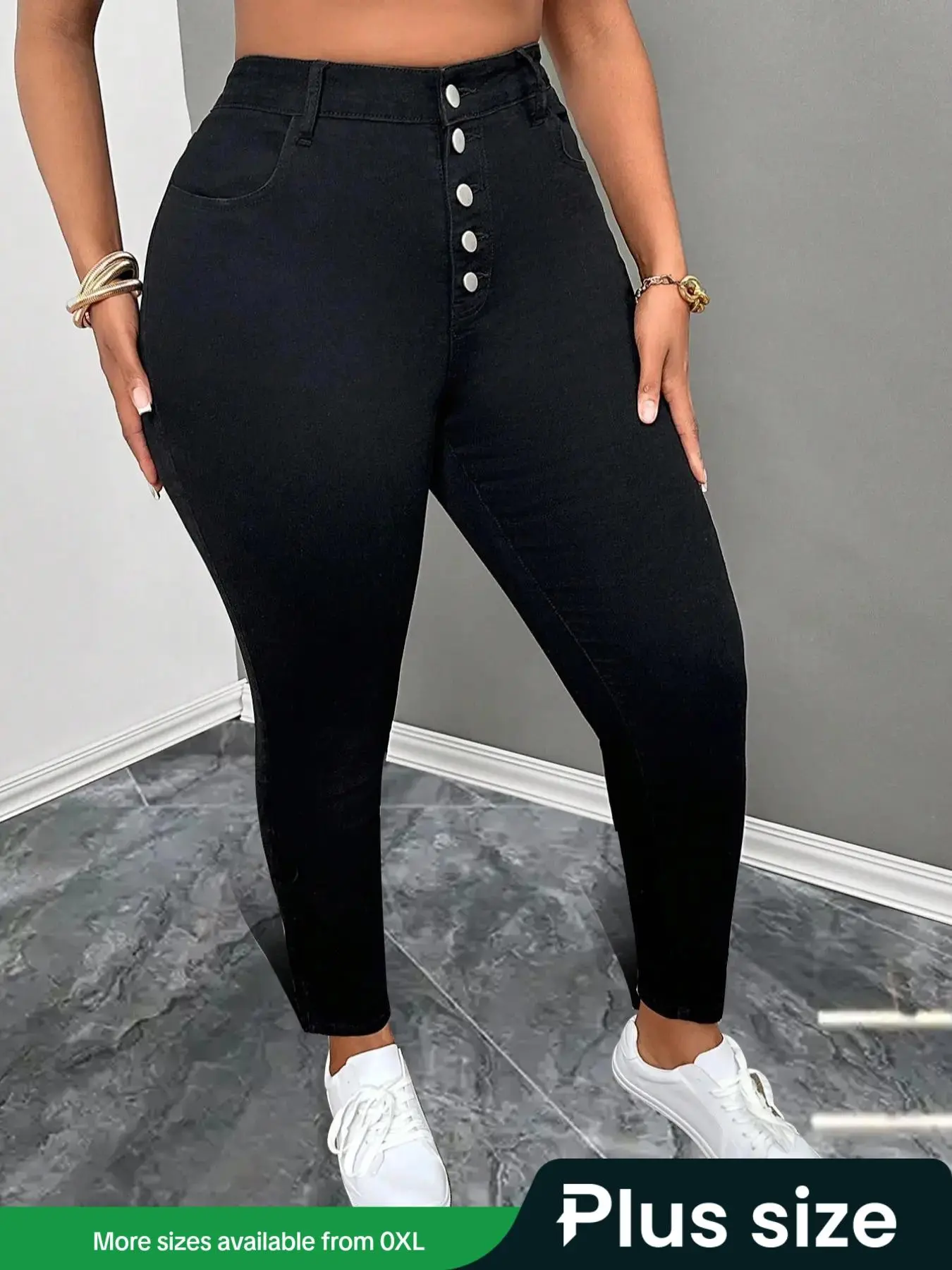【Plus Size】 Solid Color High Waist Button Skinny Jeans, Casual Comfy Pocket Denim Pants for Daily Wear, Women's Bottoms for Spring & Fall