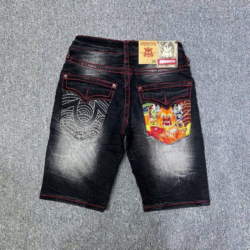 Quần short jean nam hoạ tiết túi thêu phối chỉ màu đỏ rượu màu đen xám khói