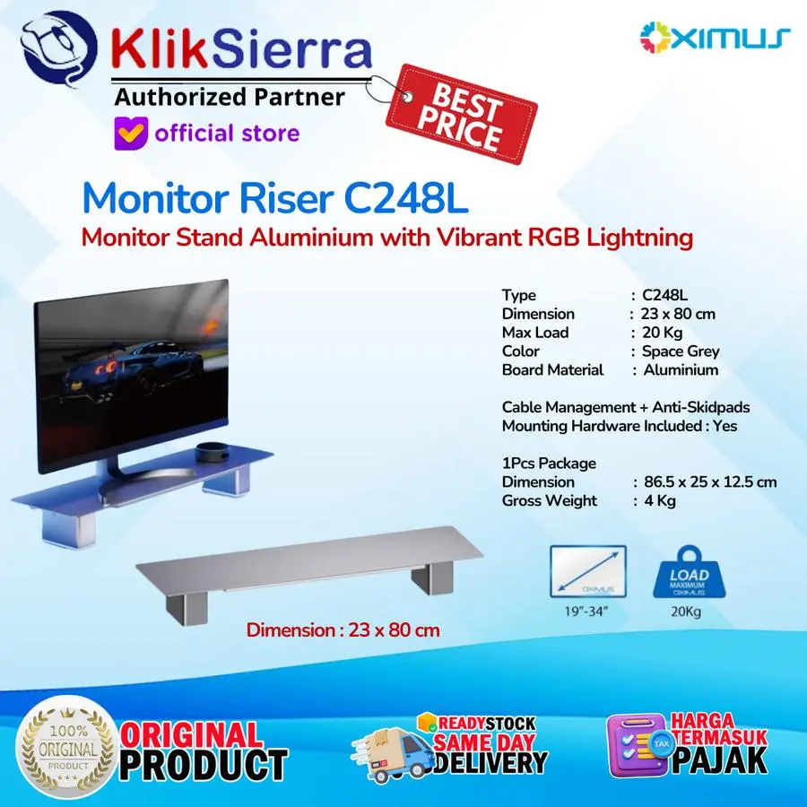 OXIMUS Desk Shelf C248L (23x80cm) & C246L (23x60cm) Monitor Riser Monitor Stand Aluminium Meja Kerja dengan Design Stylish Modern dengan Vibrant RGB Lightning