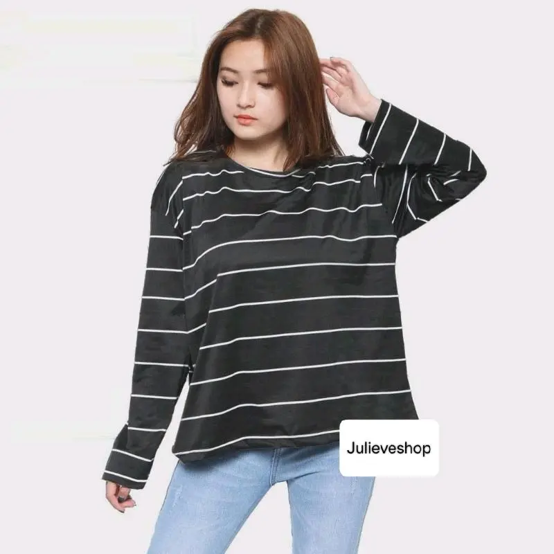 Kaos Manset Motif Salur Garis Berwarna Polos Lengan Panjang Wanita Abu Army 5