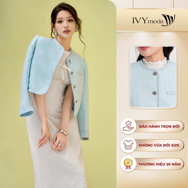 Áo khoác Tweed Pastel Blue Áo khoác nữ dáng ngắn trẻ trung IVY moda MS 67B9966