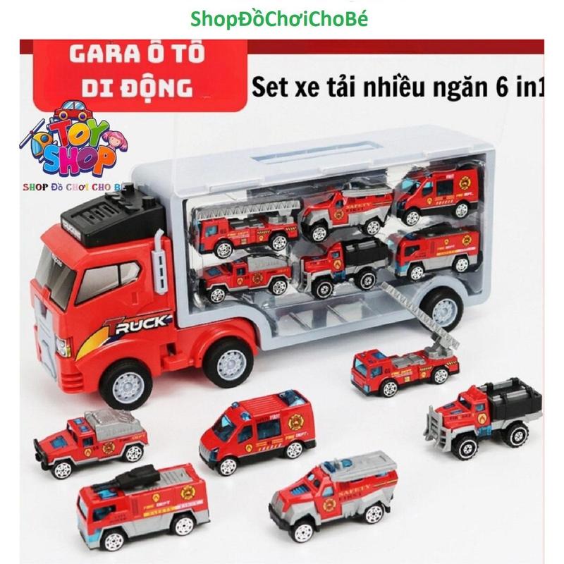 Đồ Chơi Ô Tô Gara Ô Tô Di Động Set Xe Tải 6 Trong 1 Cho Bé Trai