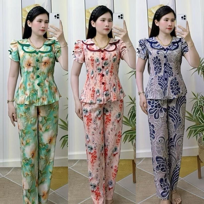   Quần dài - Ống nhỏ   Set bộ cổ sen lượn sóng 2 tầng chất mango mêm nhẹ mát ko nhăn Nhung Kem Áo dobo tay ngan Voi Sen lụa size nữ Women do boxinh xinh️ 