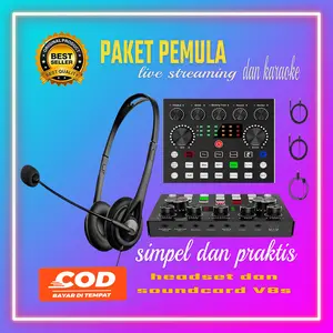 PAKET LENGKAP STREAMING SOUNDCARD V8S DENGAN HEADSET / PAKET KOMPLIT SOUND CARD V8S LIVE STREAMING PODCAST Audio Elektronik