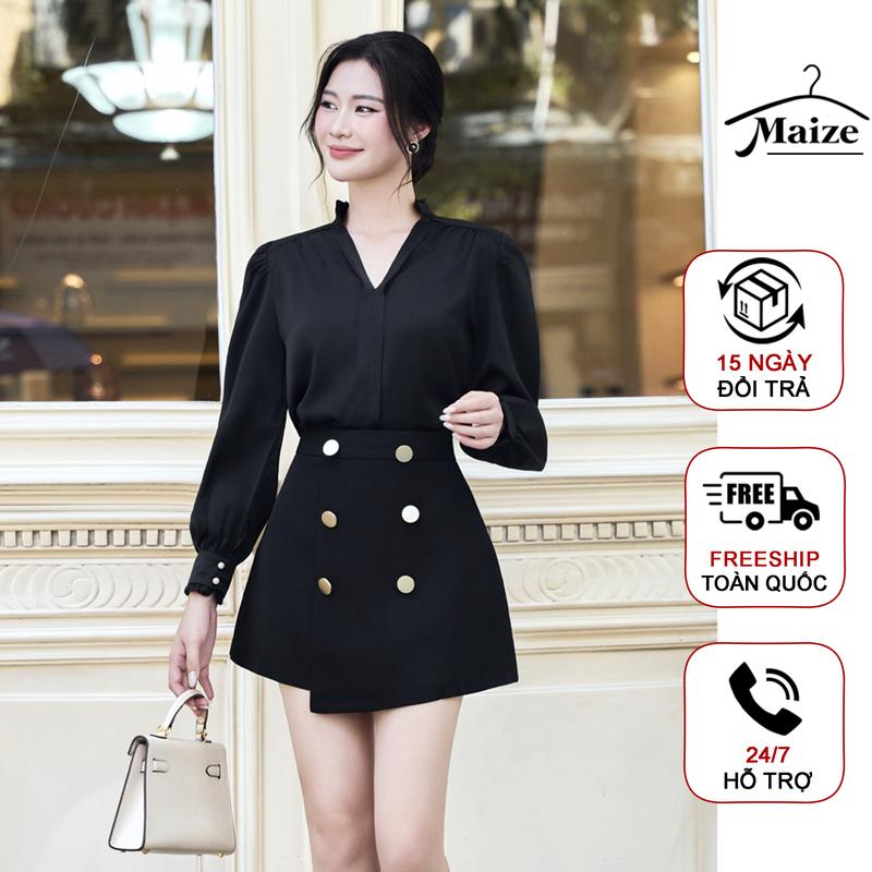  Chân váy nữ dáng A chéo tà Maize 3 lớp đính cúc đồng mix sơ mi cổ bèo tay ngọc sang chảnh 