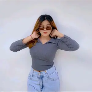 Atasan Wanita Kaos Lengan Panjang Crop Top Long Sleeve V Rajut Knit Hornet Premium Baju Fit