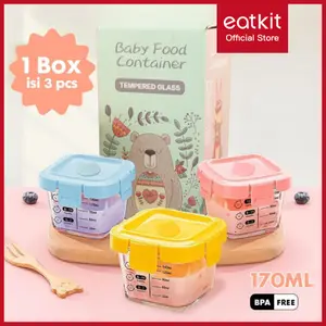 Eatkit 170ml Bayi Safe Baby Food Container Tempat Penyimpanan Mpasi Bayi Square Wadah Mpasi Kaca Round Peralatan Bubuk Tumpah Powder
