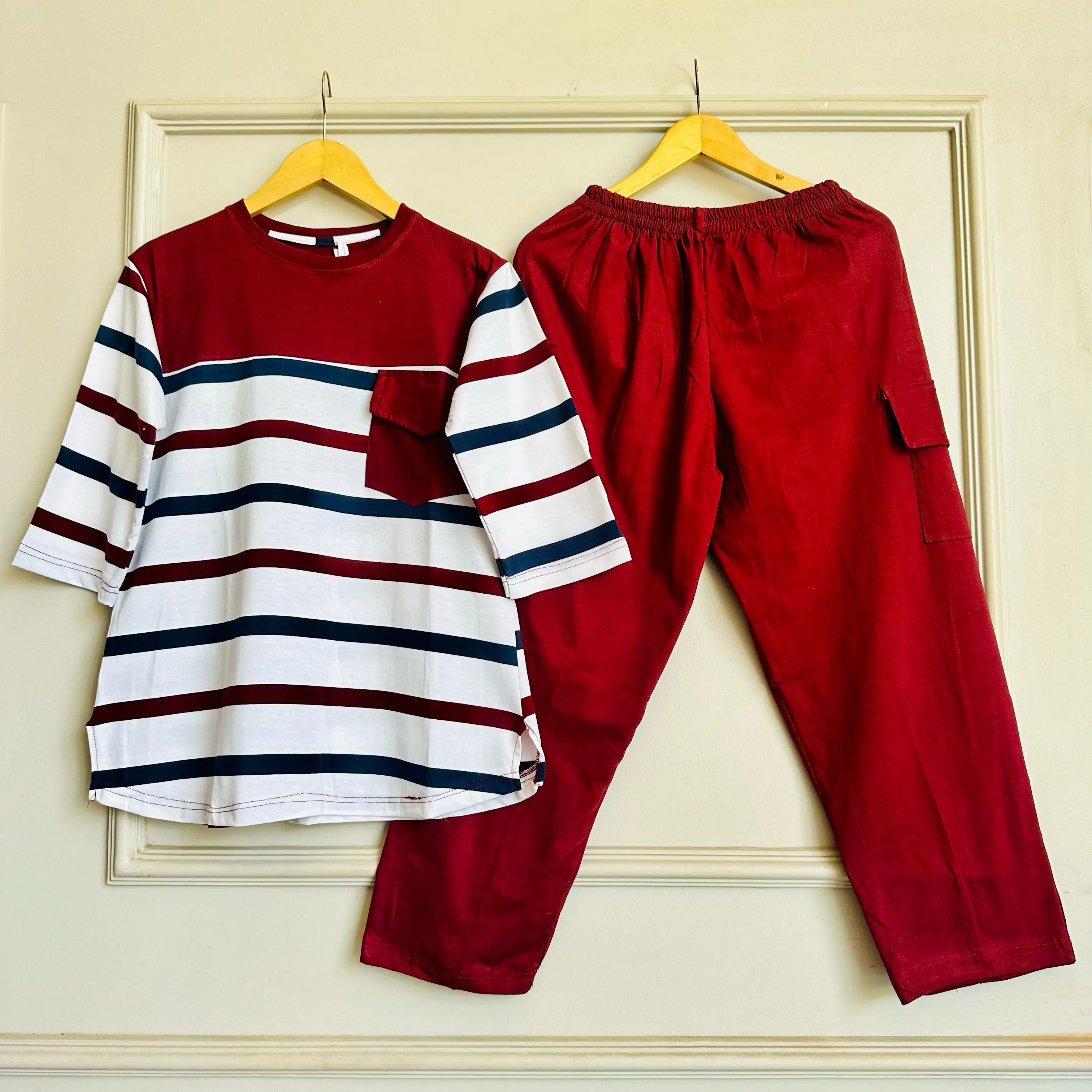 Baju Setelan Celana Kulot Cargo Panjang Wanita Dewasa, Atasan Kaos Combet Salur - Bahan Adem Nyaman - Combed pinggang karet Formal Santai Casual