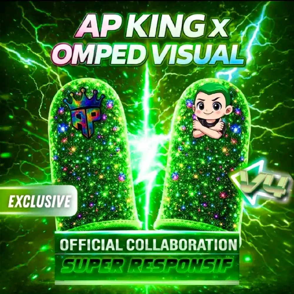 New sarung jempol AP KING x OMPED VISUAL Exclusive Official Collaboration Super Responsif dengan Desain Berwarna Hijau dan Effek Kilau