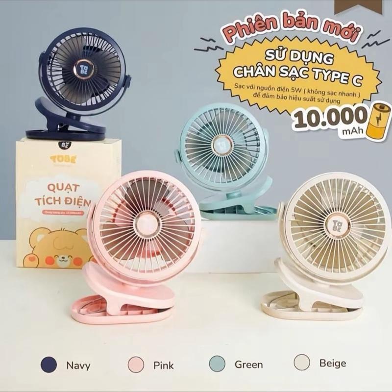 Quạt tích điện ToBe’ pin 10.000 MA sạc nhanh 6-8h, cổng sạc tye C, 4 cấp độ gió, pin bảo hành 6 tháng