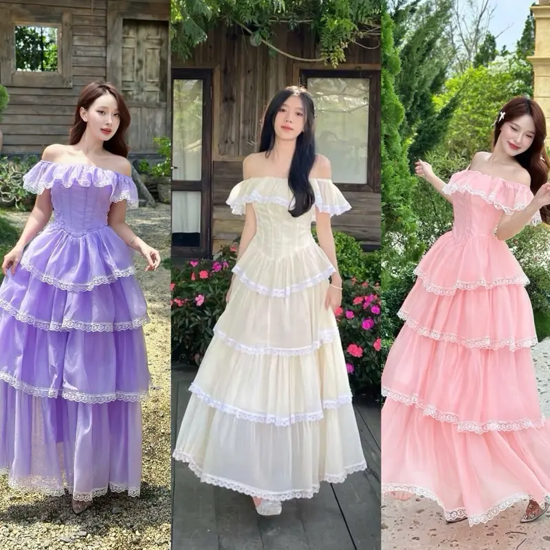 N1-Đầm Tiểu Thư Tầng Tơ Phối Ren Trễ Vai Dự Tiệc -NHALEE
