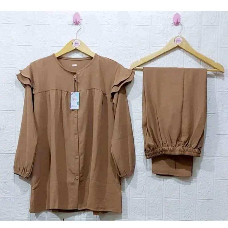 Setelan Cringkel Wanita Dewasa bisa Cod Baju Muslim Panjang Remaja Crinkle  Airflow Kancing 2