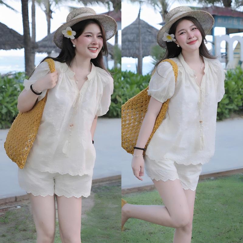  Bộ nữ ren lỗ 2 lớp áo ngắn tay dây ren cổ phối quần ngắn xinh xắn dành cho các nàng diện đi chơi đi tiệc 