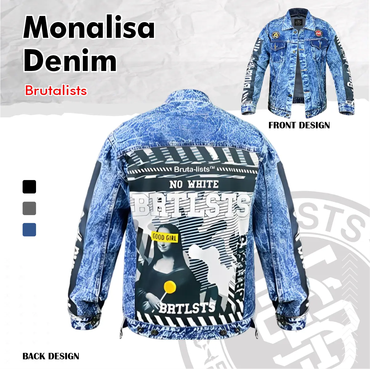 Jaket Jeans Pria Wanita Denim Jaket Full Printing Motif Monalisa