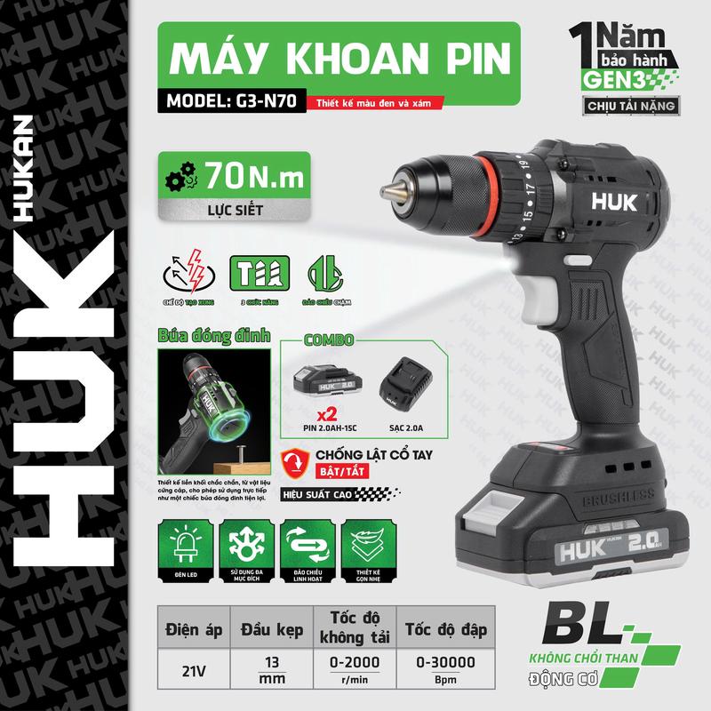   NEW  Máy Khoan Pin G3-N70 70N.m Lực Siết 13mm Đầu Kẹp Kim Loại Tốc Độ 3000v p Động Cơ Không Chổi Than Bảo Hành 12 Tháng 
