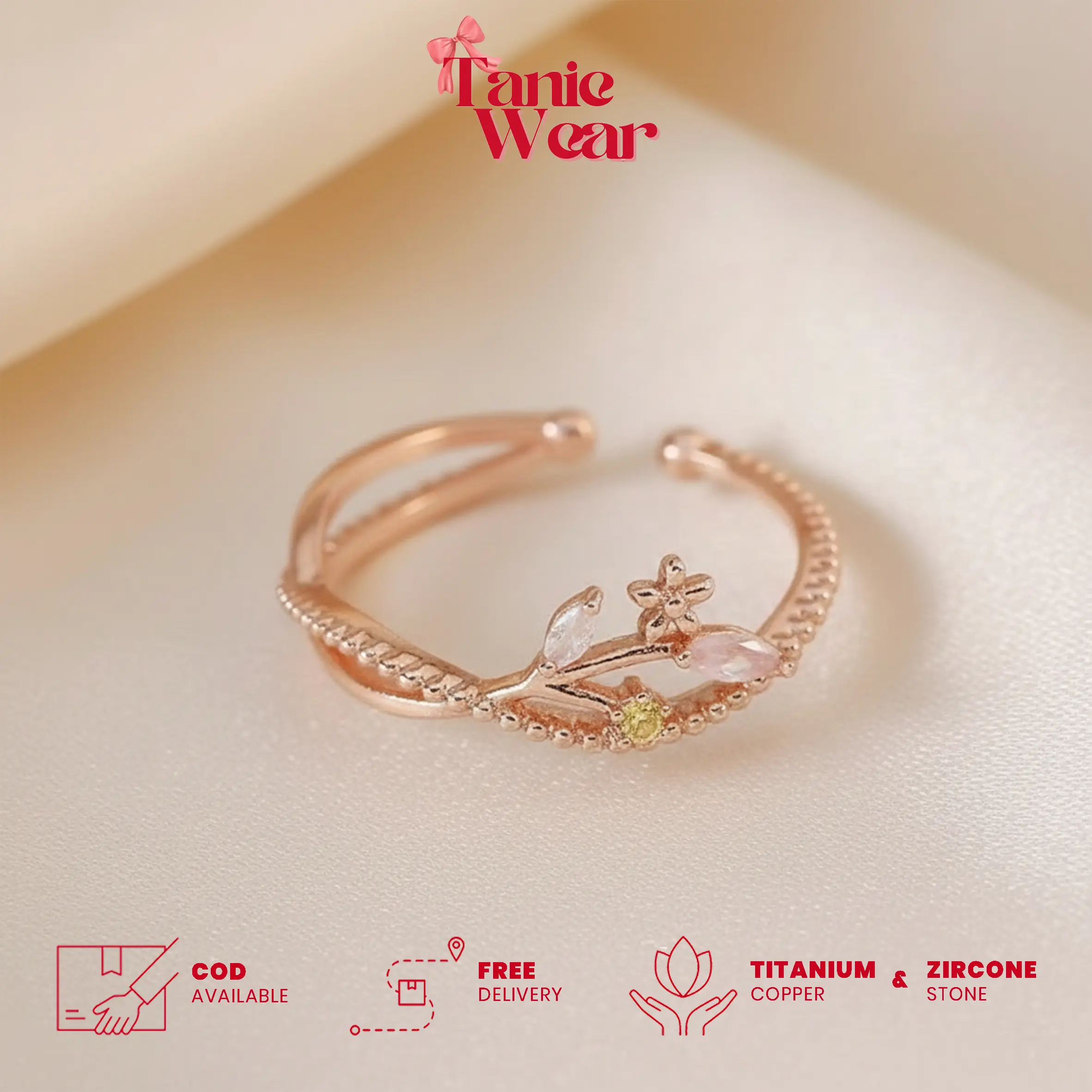 TANIE - Solea Ring | Cincin Wanita Adjustable - Aksesoris Wanita | Cincin Wanita Titanium Tembaga | Cincin Wanita Rose Gold Adjustable | Cincin Wanita Batu Diamond Zirkon Berkilau