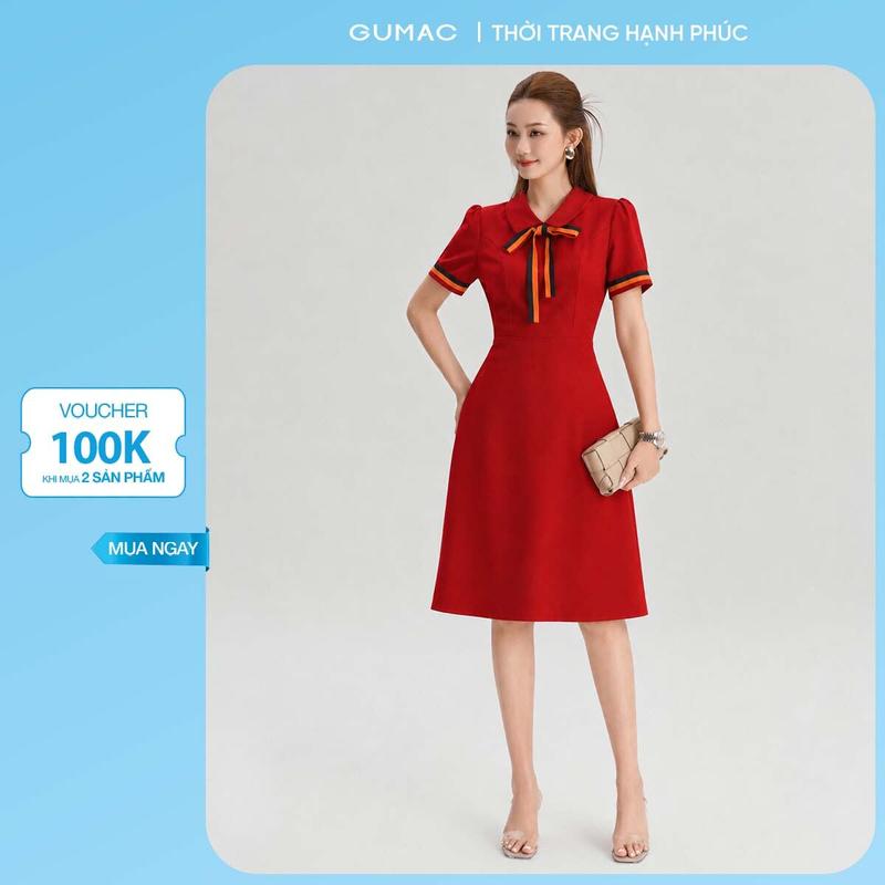 Đầm Nữ GUMAC Váy Xinh Form A Tôn Dáng Phối Nơ Cổ Thanh Lịch Chất Tuyết Mưa