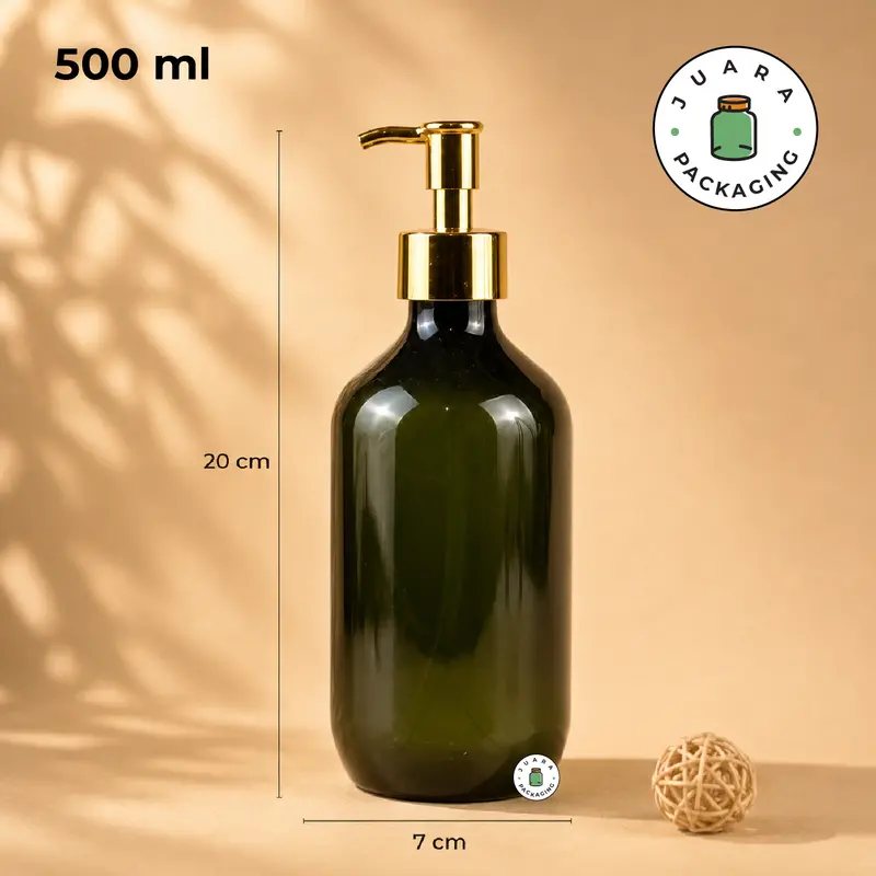 Botol Plastik Hijau Pump Gold 500ml 300ml – Wadah Sabun Cair Lotion Shampoo Skincare Minyak Aromaterapi Refill Botol Kosmetik Isi Ulang Tebal Elegan dengan Tutup Pump Warna Emas Premium