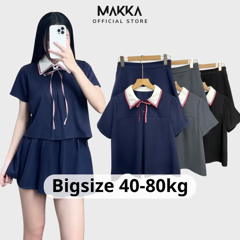 Set đồ nữ thiết kế MAKKA áo nữ chéo hàn cổ nơ phối viền kèm chân váy chun sau có quần bảo hộ 1008