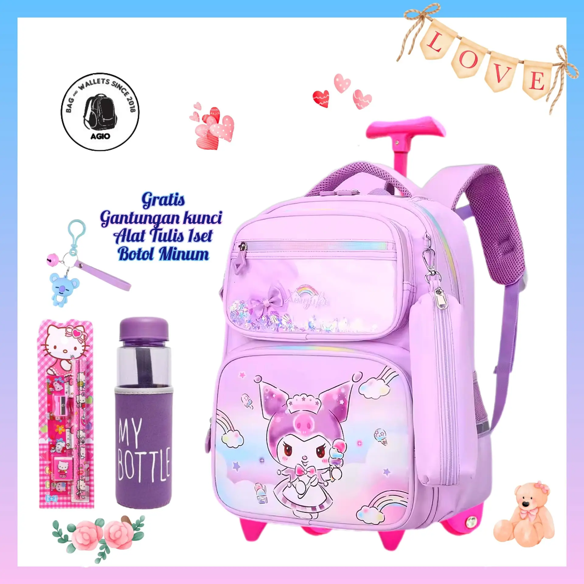 Agio Store Tas Ransel Troli Anak Perempuan Motif New Kurom Mii Buy 1 Get 4 Tas Sekolah Anak Sd Smp Terbaru Bisa Bayar COD