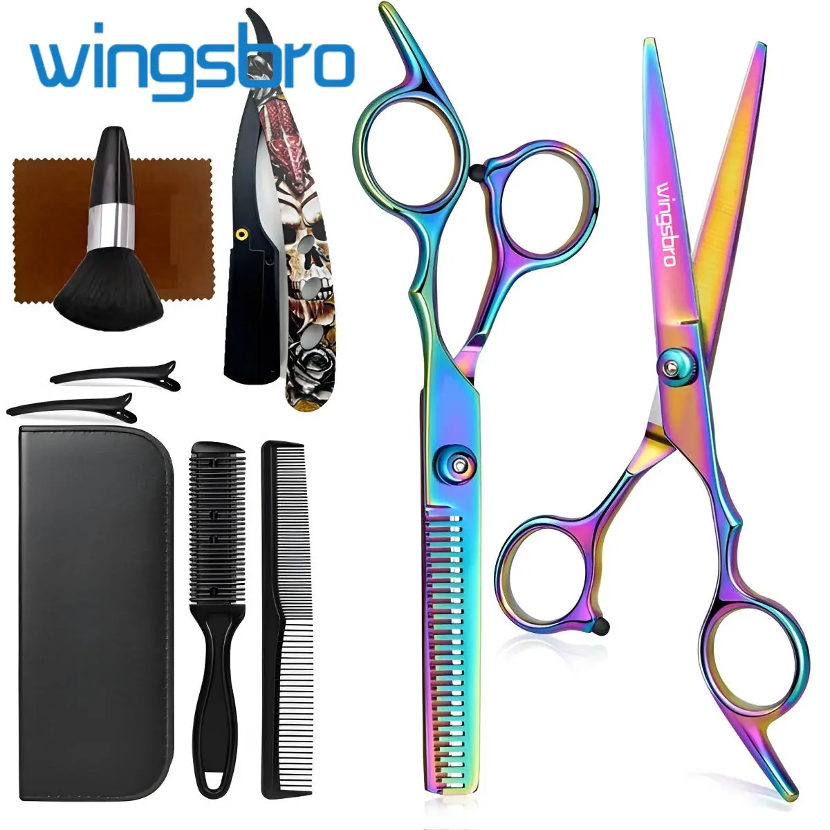 Bộ kéo cắt tóc, Bộ kéo cắt tóc chuyên nghiệp, với kéo cắt, kéo mỏng, lược, kẹp, kéo làm tóc, thích hợp cho thợ cắt tóc, salon, sử dụng tại nhà