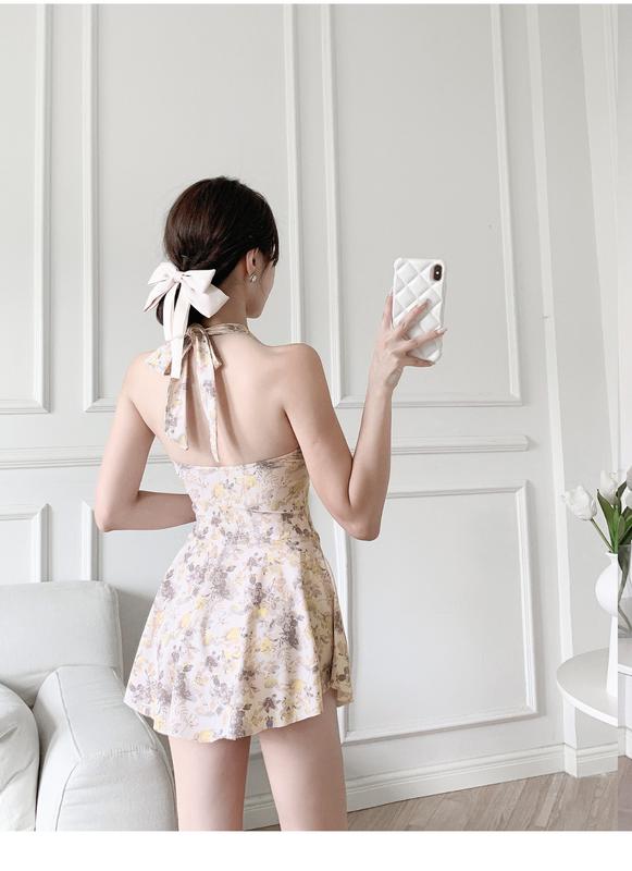 Product Introduction of Swimsuit Women's One-Piece Floral Skirt Small Chest Push up Sexy Pure Desire Style Halter Hot Spring Women's Swimsuit 5