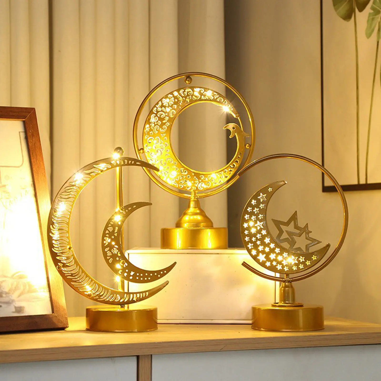 Lampu Ramadhan Lampu Meja Bulan Besi LED Bertenaga Baterai Lampu Meja Mubarak untuk Dekorasi Keluarga Sahabat Islam