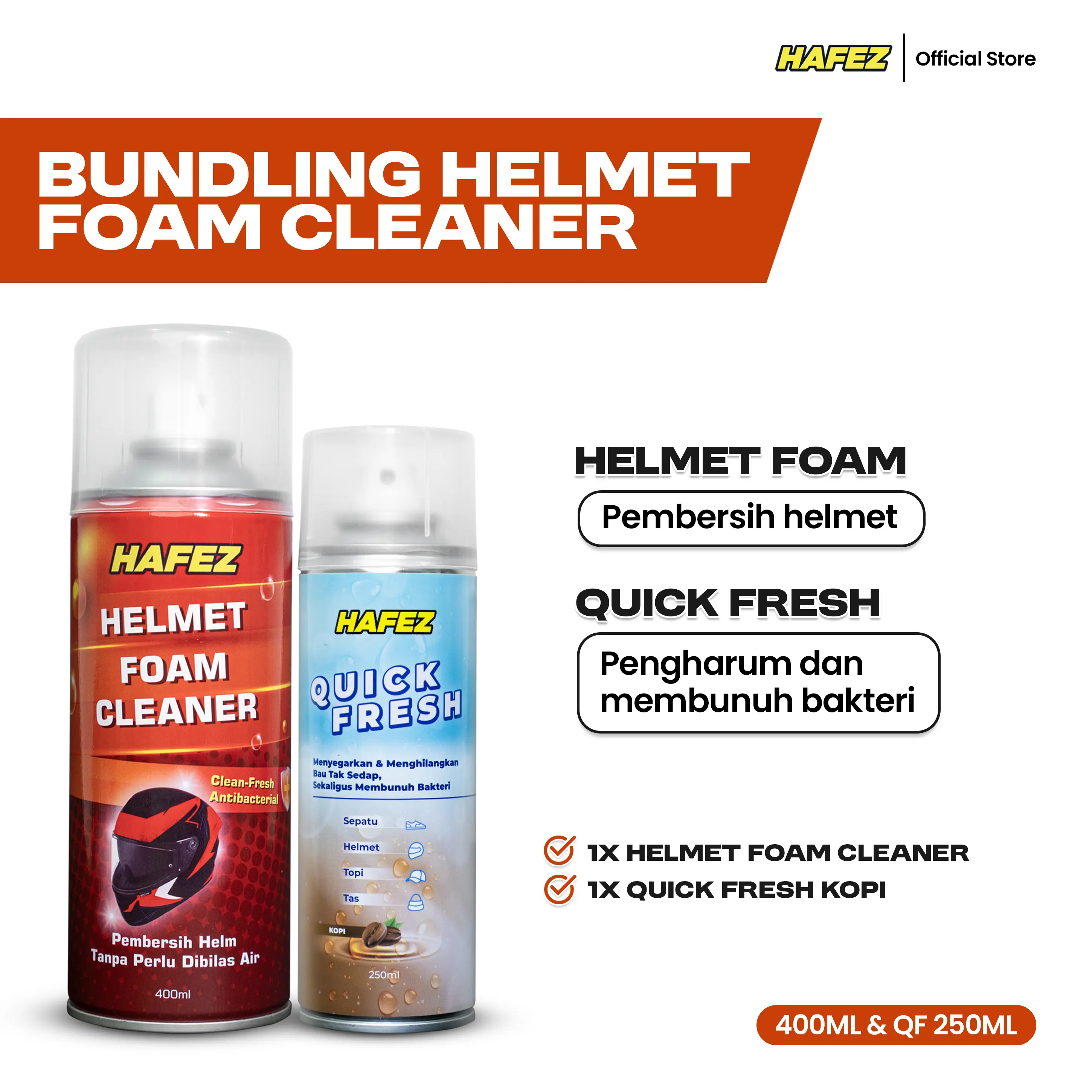 HAFEZ BUNDLING 1 HELMET FOAM & 1 QUICK FRESH KOPI Cleaner Foam Pembersih Helm & Menghilangkan Bau Helm Shoe