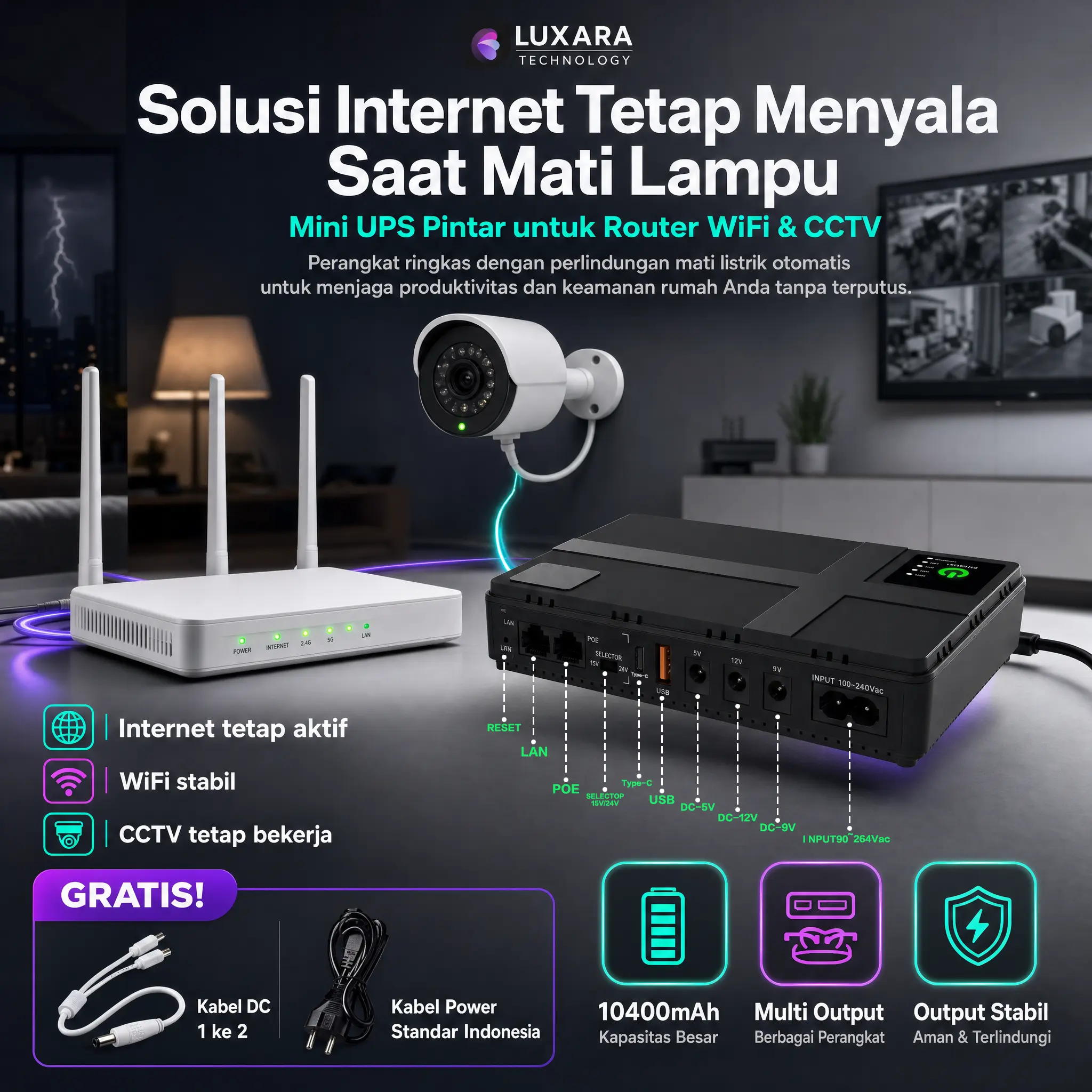 LU ARA Mini UPS 10400mAh 24W DC UPS untuk Modems WiFi Router Modem CCTV Camera Ba up Power Saat Listrik Padam Multi Output 5V 9V 12V 24V POE Power Supply Kamera CCTV & Perangkat Jaringan Powerbank UPS Stabilizers Camera V380 Smart