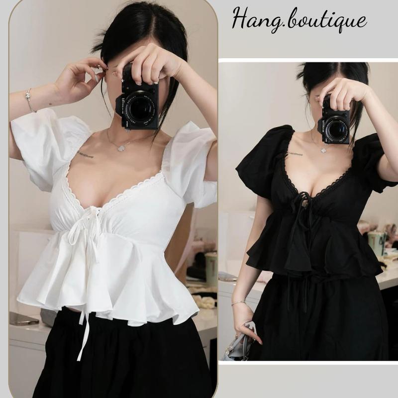 Áo Kiểu Nữ Tay Bồng Cổ Tim Viền Ren Form Xòe Tôn Dáng Áo Babydoll Nữ Xinh Tay Phồng Hot Trend S177