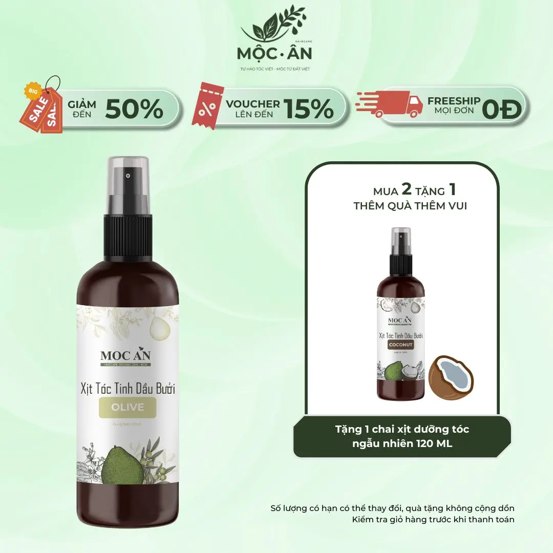 BOL120 - Xịt Tinh Dầu Vỏ Bưởi Da Xanh & Tinh Dầu Olive Mộc Ân Haircare 120ml Hỗ Trợ Giảm Rụng, Mọc Tóc Chăm Sóc Tóc