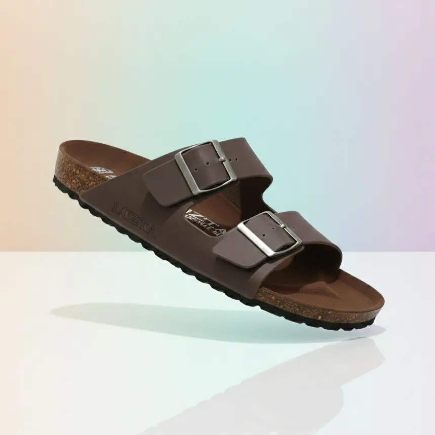 LOZTA INDONESIA Sandal Kulit Pria Coklat dengan Buckle dan Sol Cork Nyaman untuk Sehari-hari Model Terbaru
