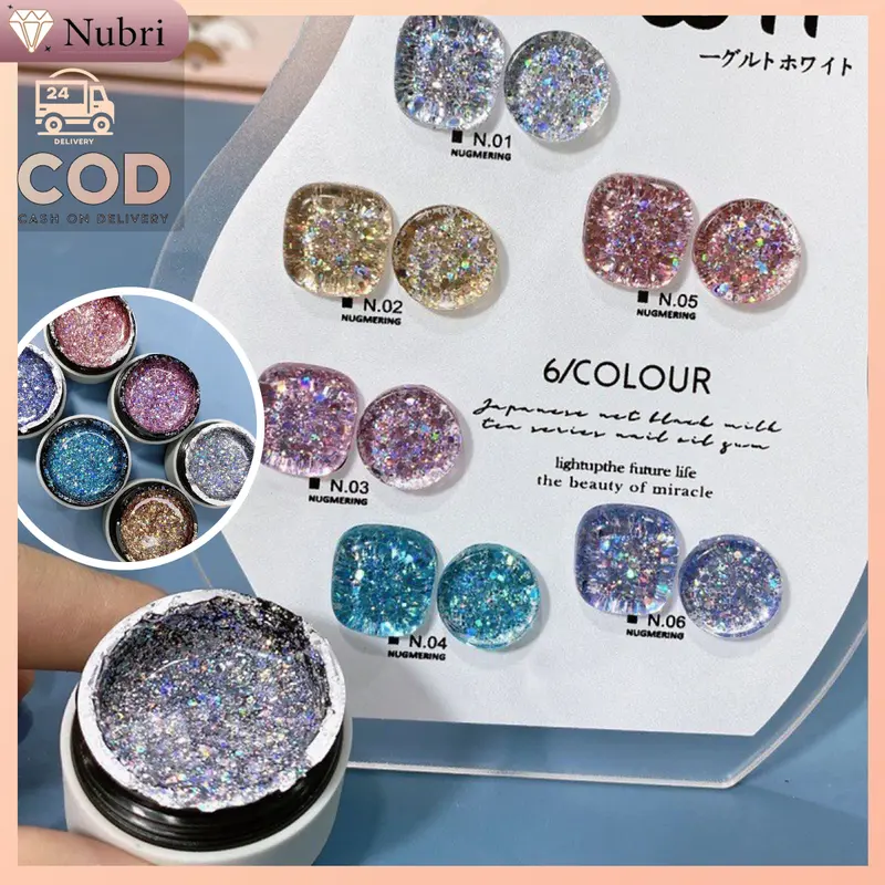 Nubri COD Paket Starburst Glitter Gel Warna-Warni Glitter Besar Toples Warna-Warni 6 Warna 3 Pena Terapi Cahaya Nail Art Set Gelatin 0