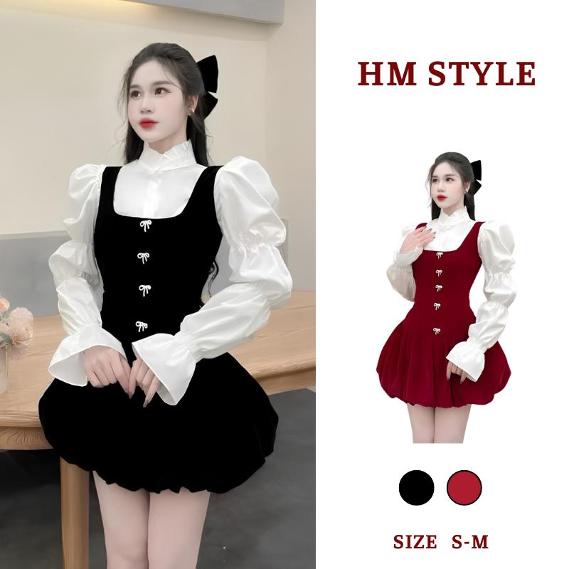 Tặng kèm nơ đá Sét yếm nhung xoè dáng bí mix áo sơ mi tay chun kèm quần bảo hộ rời HB961 set đồ