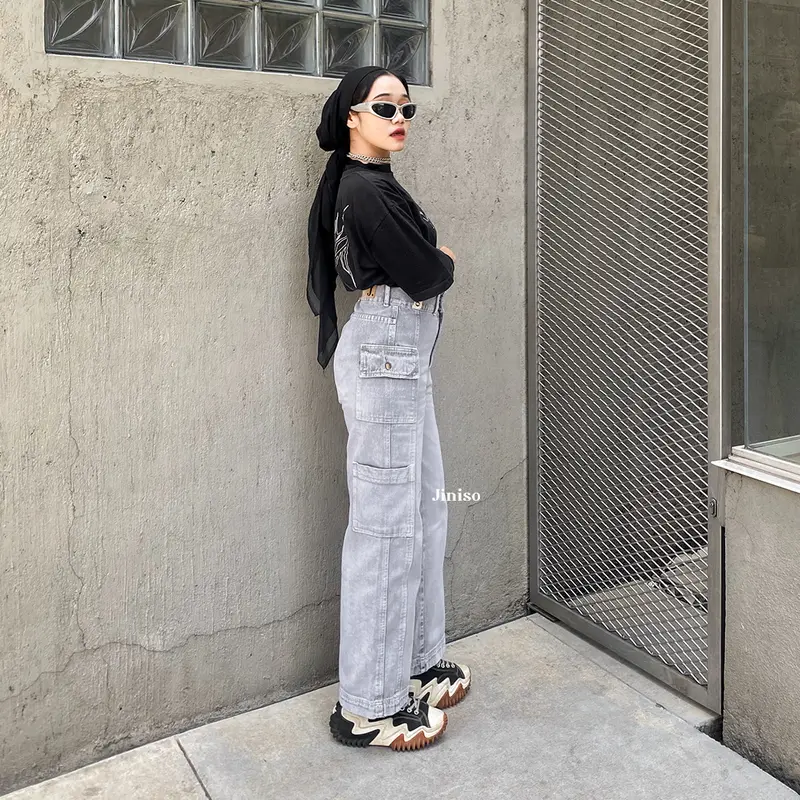 JINISO HANDS UP - 415 Cargo Baggy Highwaist Celana Jeans Wanita 5