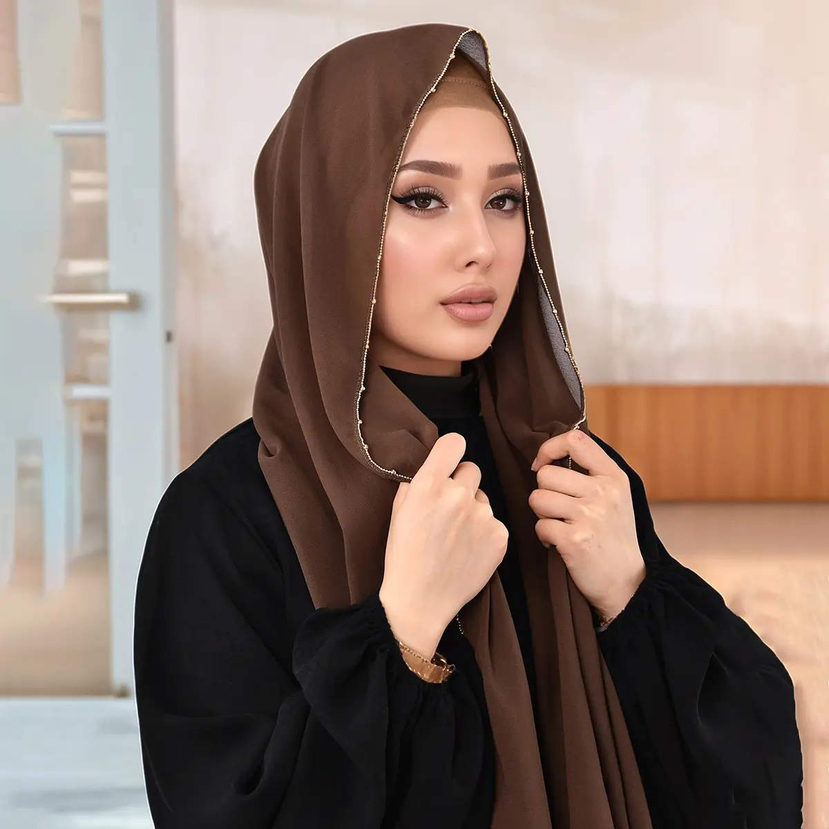 LOVOSME Pearl Chain Beaded Shawl Chiffon Hijab Scarf Women Glitter Pashmina Hijab Muslim Headscarf Tudung
