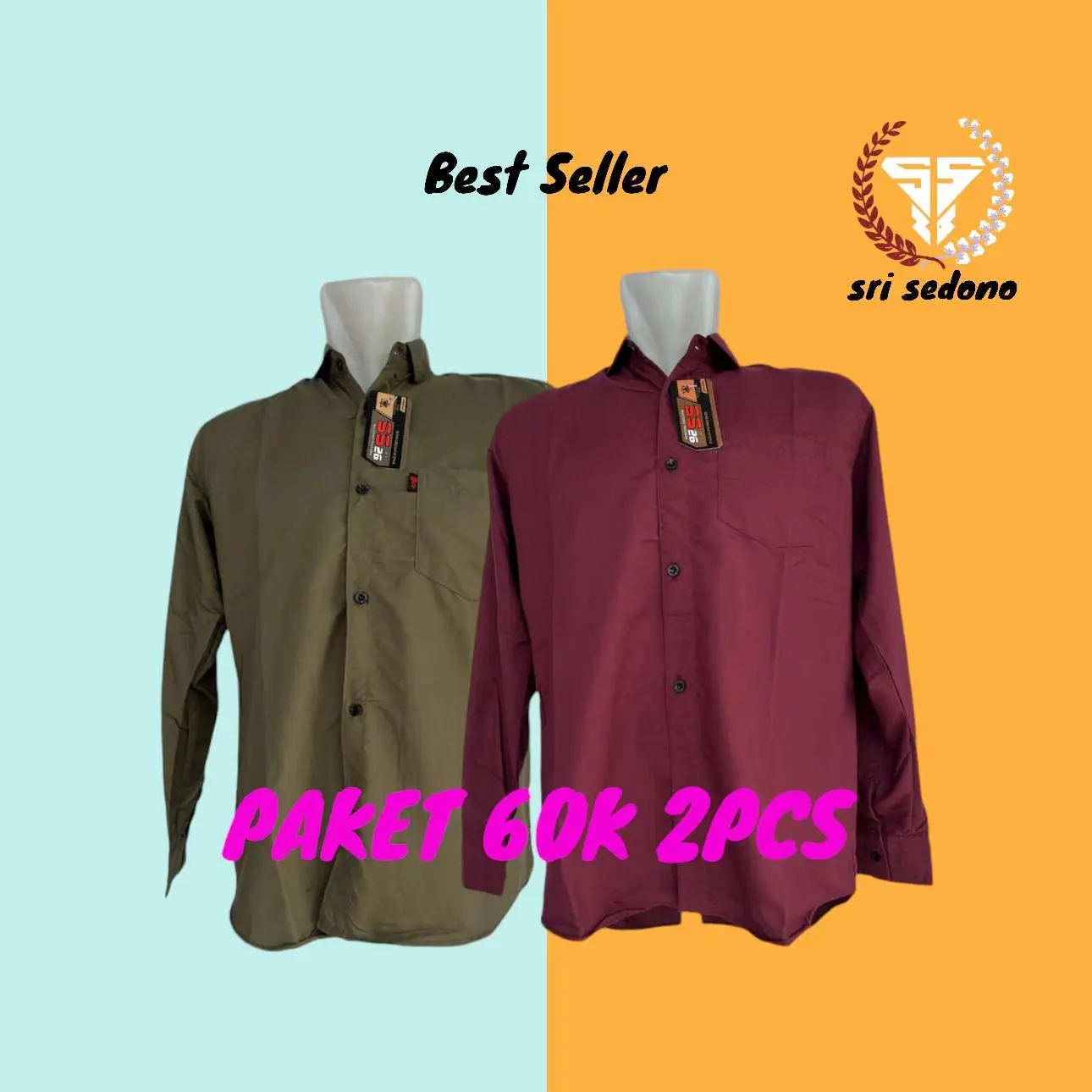 SRI SEDONO PAKET 70K 2 PCS KEMEJA POLOS Panjang  Motif Kerja Dewasa Keren Kondangan Nyaman Pria Formal Hitam Kancing