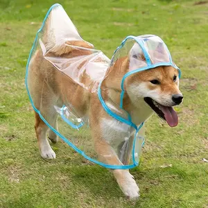 Jas hujan anjing dan kucing, jas hujan hewan peliharaan, jas hujan plastik bening dengan tudung yang dapat disesuaikan