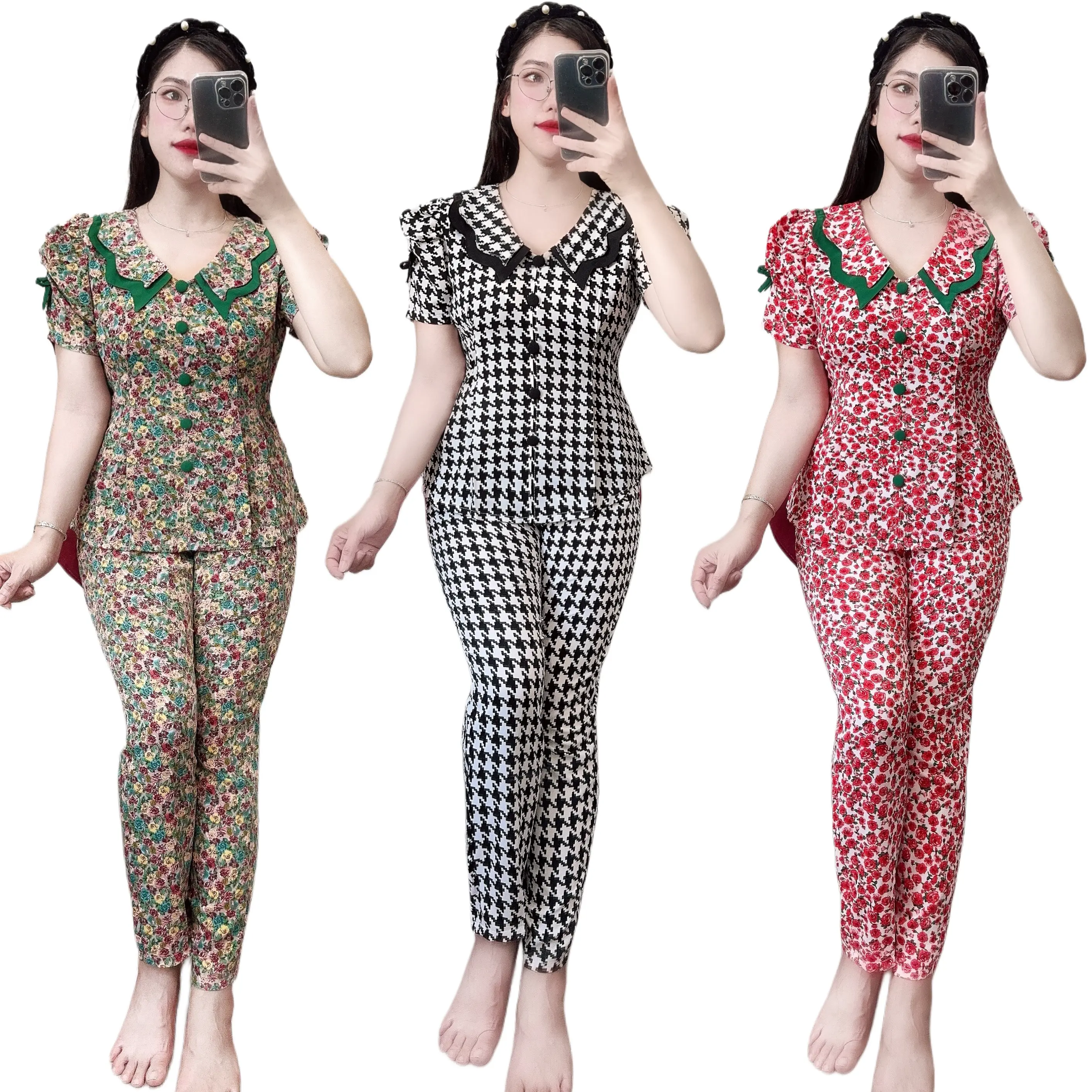 Đồ Bộ Nữ Mặc Nhà, Áo Tay Ngắn Quần Dài Cổ Lượn có Nhấn Ben Mặc Lên Dáng Đẹp, Chất Vải Lụa Mango Mềm Mát