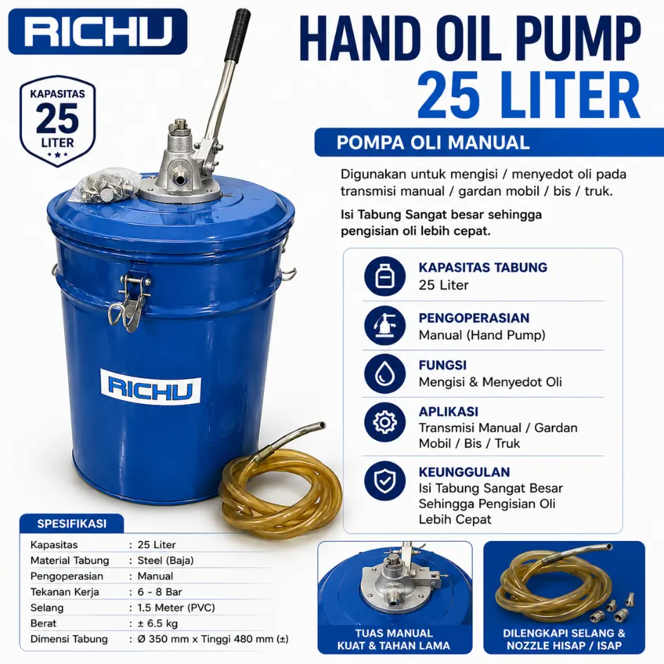RICHU Tabung Pompa Oli Gardan Transmisi Manual 25 LITER HASSTON PROHEX 2980-700 Gemuk Oli Minyak Stempet Hand Grease Pump
