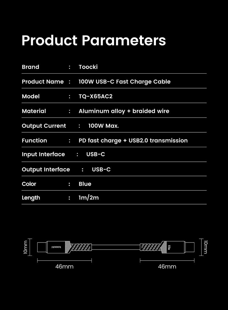 Product Introduction of Toocki 100W/60W Type C To Type C Cable Fast Charging USB To Type-C Charger Cord 90 Degree Elbow PD Data Wire 2-in-1 A/C To C Elbow Braided Wire 32