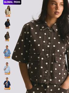 Camisa de mezclilla con lunares para mujer, top casual de manga corta y corte holgado, estilo urbano diario, prenda exterior para todas las estaciones