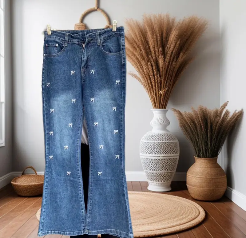 Celana Panjang Wanita Cutbray Jeans High Waist dengan Pita Bordir melar flare pants hip tell loose coquette cutbray wanita remaja xl Dewasa Bawahan 5
