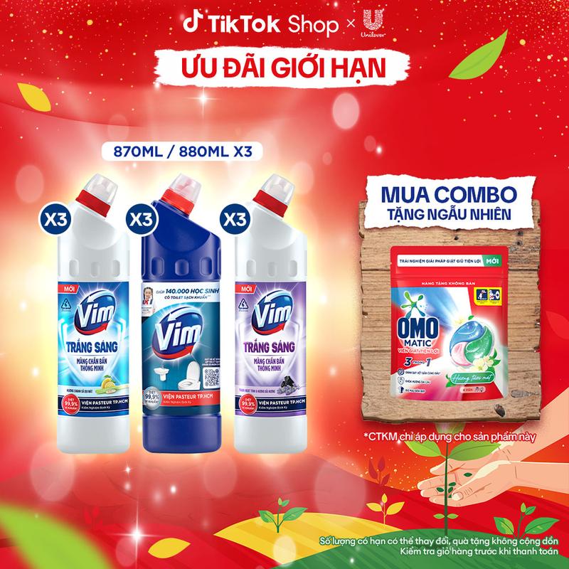 Combo 3 Nước Tẩy Bồn Cầu và Nhà Vệ Sinh Vim Trắng Sáng Diệt Khuẩn 870ml 880ml 1