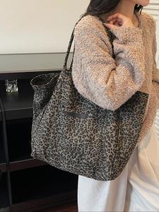 Bolsa tote de otoño invierno con estampado de leopardo de gran capacidad, bolsa de hombro casual para el traslado diario y compras, bolso versátil para mujer